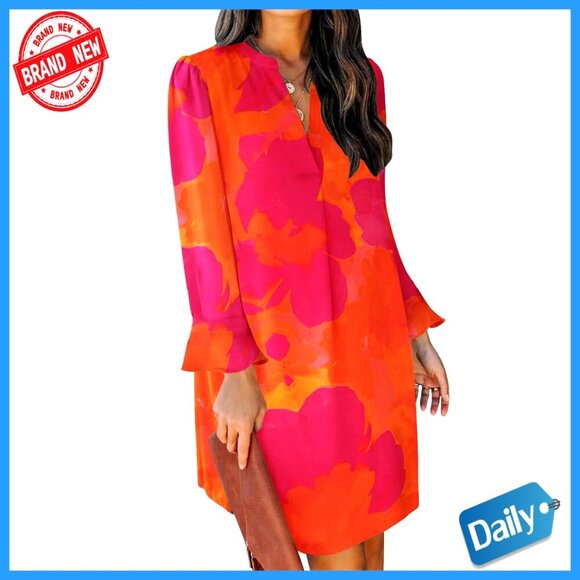 Dresses & Skirts - Long Sleeve V-Neck Mini Tunic Dress Loose Fit Polyester Casual